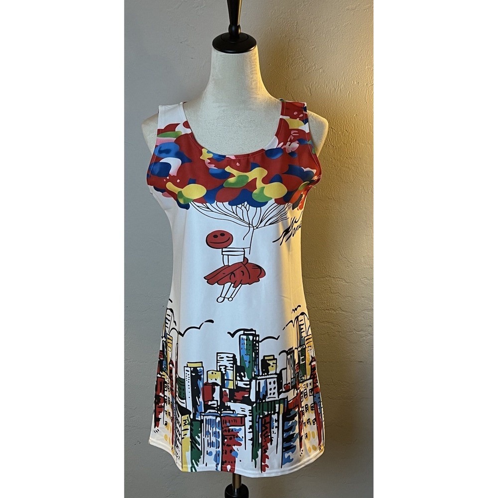 ZD Classic Design Whimsical Sleeveless Dress W/ Cartoon Balloons City White
